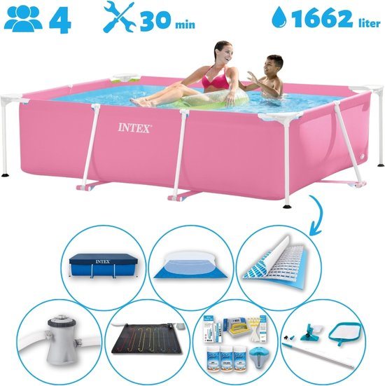 Intex Rechthoekig Opzetzwembad - 220 x 150 x 60 cm - Roze - Inclusief Pomp - Solar Mat - Onderhoudspakket - Grondzeil - Afdekzeil - Schoonmaaktset