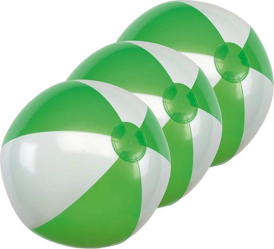 Opblaasbare speelgoed strandbal - 3x - groen/wit - dia 28 cm - Strandballen - Buiten speelgoed - Strand speelgoed - PVC
