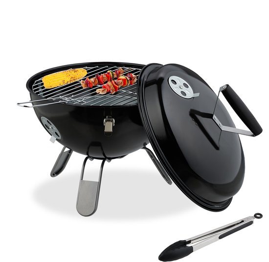 Houtskoolbarbecue draagbaar - Ø 34 cm - met deksel en tang - staal